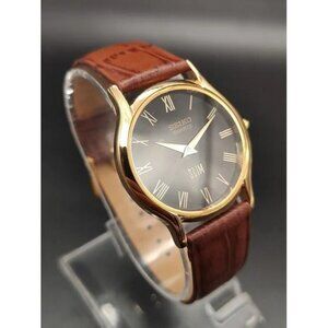 Vintage Style Seiko Quartz Mens Gold Watch & Brown accents W/ Leather Strap